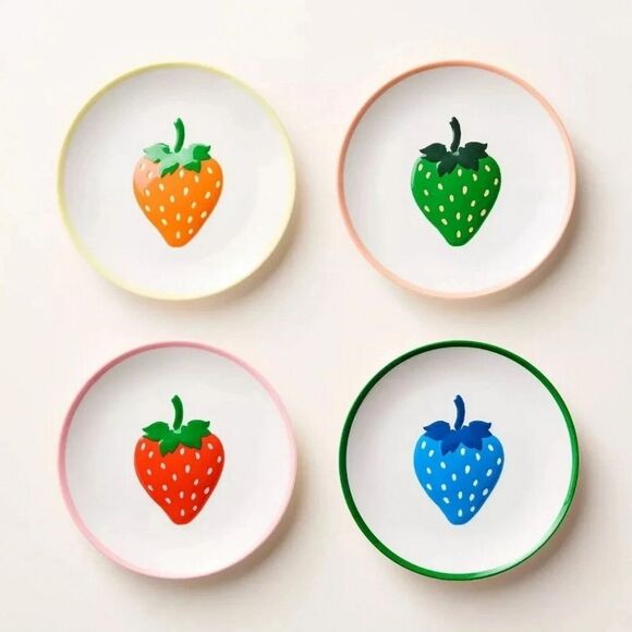 Kate Spade x Target Colorful Strawberry Appetizer Plate 4 Piece Melamine NWOT - Picture 5 of 10
